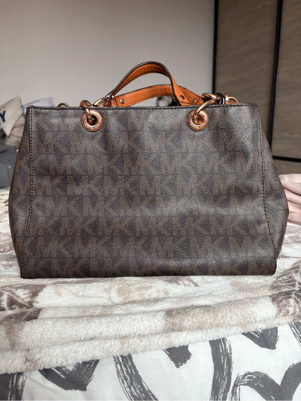 Michael Kors Brown Logo Canvas Tote with Tan Leather Handles